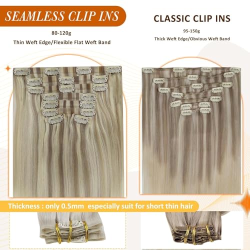 Image of Full Shine Human Hair Clip In Extensions, Ash Blonde 20 Inch | Invisible PU Flat Weft, for Thin Hair to Medium Hair, Heat Safe, Add Volume, Easy to Style, Full Head Lightweight, 8 Pcs 120g