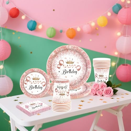 HiEnjoin 80 Stück Roségold Partygeschirr für 20 Gäste, Rosegold Geburtstag Geschirr Kindergeburtstag Teller Becher Servietten Pappteller Party Deko Mädchen, Tischdekoration für Hochzeitsfeiern