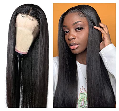 Straight Human Hair Wig LAVBH13x1 Middle Part Wigs Pre Plucked with Baby hair 150% Density Hair and Transparent Lace Front Straight Lace Front Wigs Human Hair for Women (1B, 20 inch)