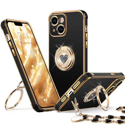 Image of XYZ for iPhone 13 Back Cover Case with Stand, Phone Case with Double Ring Kickstand, Women Girls Bling Luxury Protective Case Heart for iPhone 13, Black