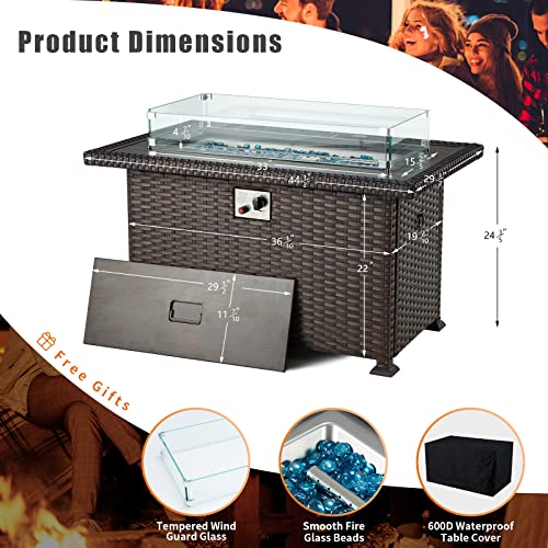 Vicluke-Aluminum-Fire-Pit-Table-Propane-Fire-Pit-Table-for-Outside-44in-50000-BTU-Auto-Ignition-Gas-Fire-Table-w-CSA-Certification-Hand-Painted-Table-Top-Wind-Guard-Cover-Glass-Beads-Brown