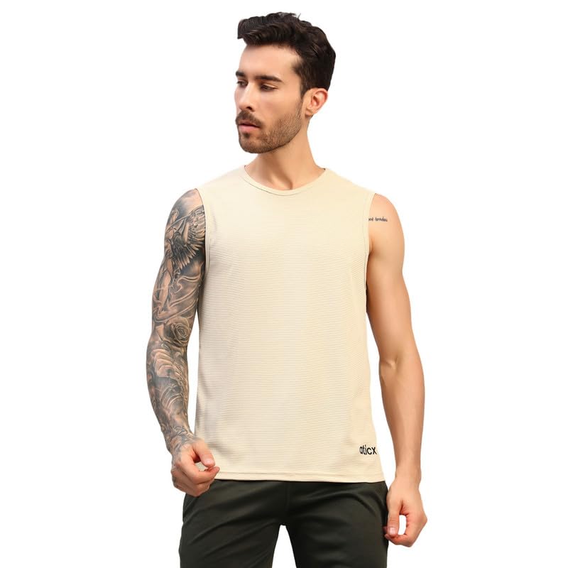 Image of ATICX Men's Slim Fit Sleeveless Sports T-Shirt - Gym Vest, Quick Dry Breathable Training Tank Top for Workout, Running, Cycling, Badminton, Basketball & Swimming Training Wear