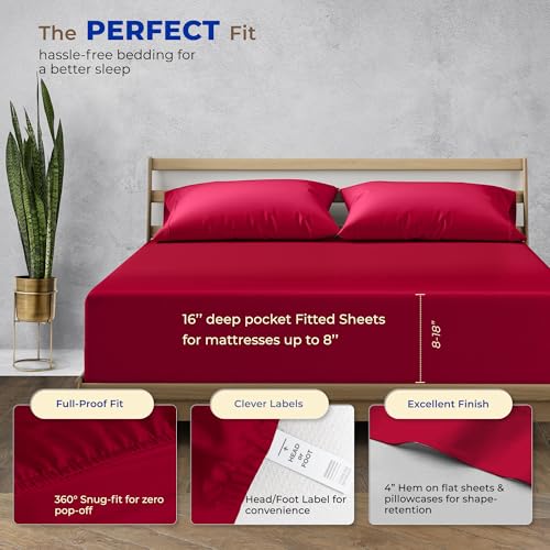 Image of THREAD SPREAD Egyptian Cotton Sheets Queen Size - 1000 Series High Thread Count Cotton Queen Sheet Set (4 PC, Red), 16 inch Snug Fit Deep Pocket, Cooling, Sateen Weave, Ultra-Soft Hotel Luxury Sheets