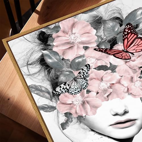 Image of Surreal Floral Mask Woman Framed Canvas Painting For Living Room | Modern Botanical Abstract Portrait Wall Art For Livingroom Wall Decor, Home Decor, Bedroom, Hallway's, Office, Hotel - 43x58 cm
