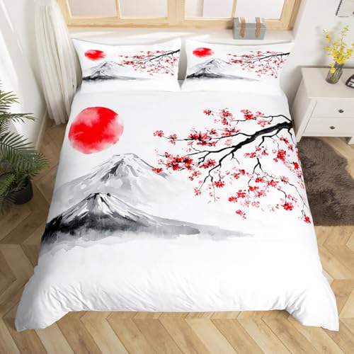 Erosebridal Japanese-Style Bedding Set for Kids Boys Girls Mount Fuji Comforter Cover Cherry Blossoms Flower Duvet Cover Queen Size for Teens Adult Ink Hand Painted Bedspread Cover for Bedroom
