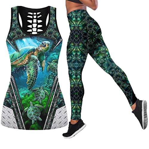 Débardeur imprimé 3D bleu tortue de mer creux gilet sexy et leggings de sport femme