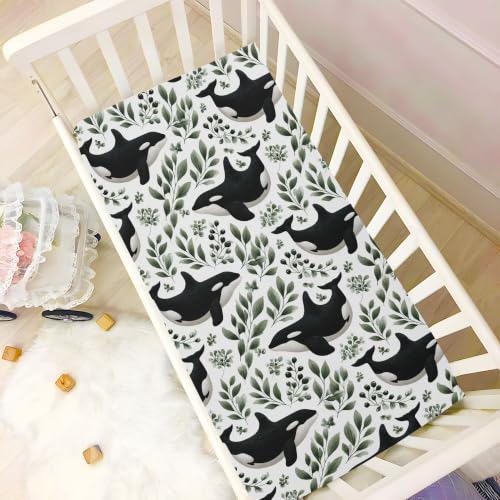Image of Sea Killer Whale White Crib Sheets Soft Breathable Fitted Baby Crib Sheets Mattress Cover for Girls Boys, 52 inch x 28 inch x 9 inch