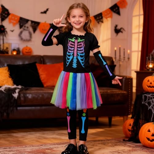 Moerstar Disfraz de esqueleto de Halloween para niños y niñas, vestido de esqueleto con pelucas de colores para niños, niñas, Halloween, carnaval, cosplay, disfraz (L)