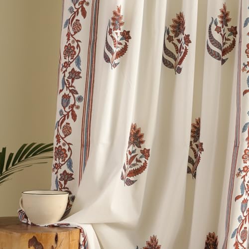Image of Peepul Tree Mix and Match Solid and Sheer Door Curtains in Offwhite Brick Red and Navy Blue | 7 Feet | Set of 3 | 2 Solid & 1 Sheer Curtain| Layered Curtains | Pure Cotton | Back Loop Curtains