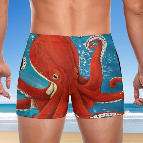 Short de bain homme rouge maillot boxer de natation imprimé pieuvre