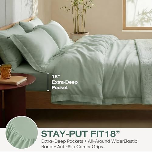Image of Real 100% Viscose Derived from Bamboo Sheets Set King Size, Cooling & Silky Soft for Hot Sleeper, Luxury with Breathable & Moisture Wicking Fabric, 18 inch Deep Pocket with Corner Straps (Sea Glass, King)