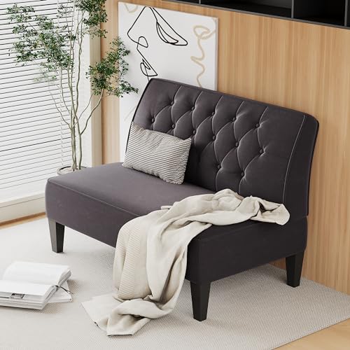 Image of Alunaune Upholstered Loveseat Couch for Living Room, Armless Bedroom Settee Small Love Seat Sofa Tufted Button Dining Room Bench - Dark Grey