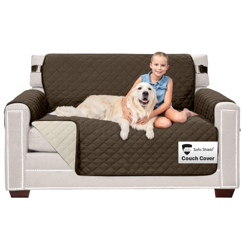 Sofa Shield Loveseat Slip Cover with Patented Strap, Cushion Protector, US Designed Reversible Stain and Dog Tear Resistant Slipcover, 54 inch Seat, Washable Covers for Dogs Pets, Chocolate Beige