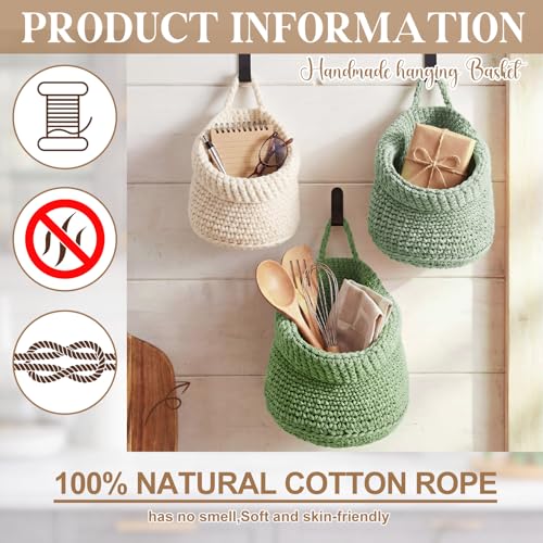 Image of Honeydak 3 Hanging Baskets, Sage Color Palette, Barrel, Cotton Rope