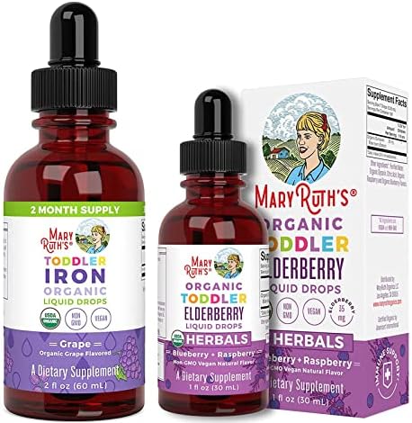 Iron Supplement for Toddlers & USDA Organic Elderberry Liquid Drops for Toddlers Bundle by MaryRuth | Iron Supplement for Iron Deficiency | Overall Health, Vegan, Non-GMO, Gluten Free for Ages 1-3.
