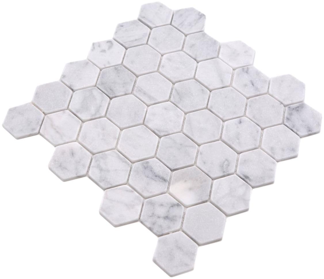 Azulejo de mosaico de mármol natural de piedra hexagonal de mármol blanco aspecto Carrara para suelo, pared, baño, ducha, cocina, espejo de azulejos, revestimiento de bañera, placa de mosaico