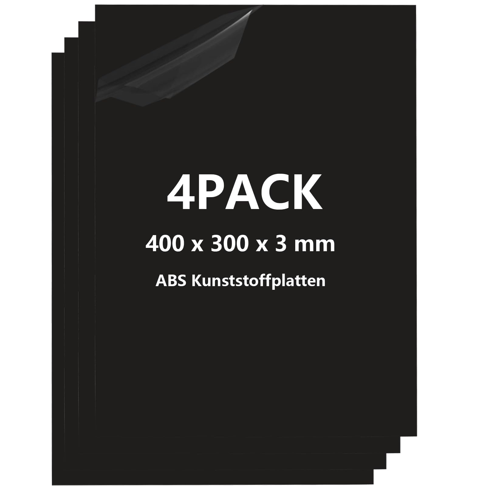 YAYODS Lot de 4 Plaque Plastique ABS Noire 400 x 300 x 3 mm - Panneau Plastique Rigide et Flexible pour Modélisme, Bricolage et Automobile - Feuille ABS Thermoformable Facile à Découper avec Film Prot
