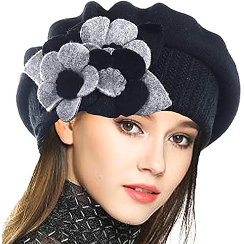 VECRY Lady French Beret 100% Wool Beret Floral Dress Beanie Winter Hat (Floral-Black) Cover