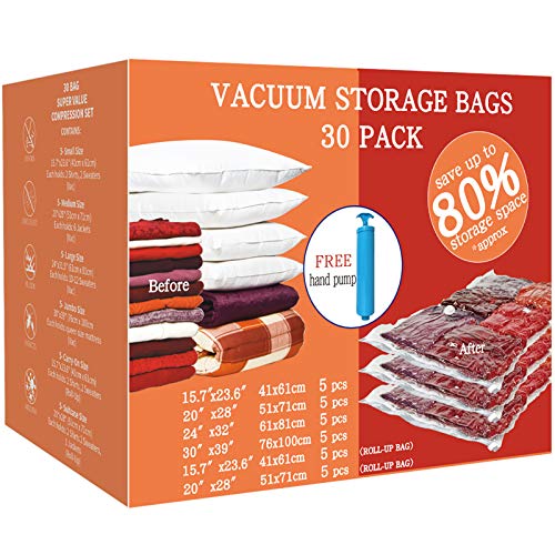VacPack Space Saver Bags 30-Pack Vacuum Storage Compression Bags ( 5 Jumbo, 5 Large, 5 Medium, 5 Small, 5 Suitcase Travel Bags, 5 Carry-on Travel Bags and 1 hand pump)