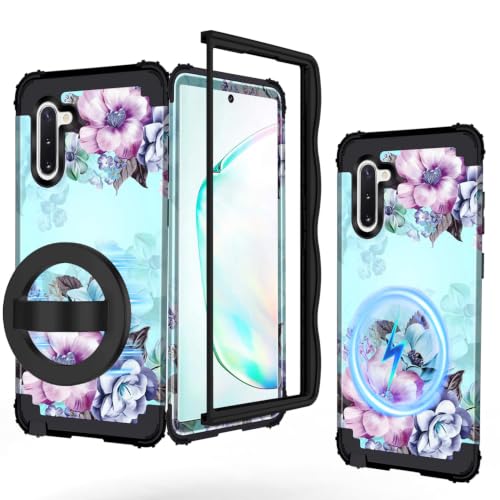 Casetego for Galaxy Note 10 Case Magnetic,[Magnetic Silicone Ring Grip][Compatible with MagSafe][Wave Frame] Glitter Slim Clear Shockproof Cute Women Girl Case for Samsung Galaxy Note 10,Blue Flower