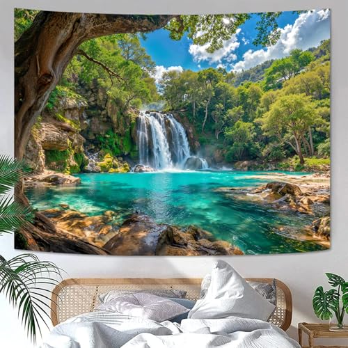 Zussun Nature Forest Tree Tapestry Flowing Waterfall Green Jungle Tapestry