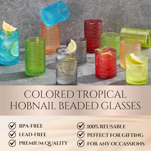 Image of Khen Hobnail Beaded Highball Drinking Tumbler Glasses | Set of 12 | Autumn Colors Vintage Bubble Design Whiskey Glassware, Old-Fashioned, Embossed Design Water, Wine, Cocktail Rocks Glasses