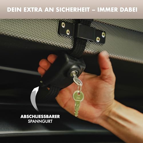 Naturbummler® Abschließbarer Spanngurt [4 m] – sicherer Zurrgurt mit eingearbeitetem Stahlseil, Schloss & Schlüssel – Robustes Befestigungsband für Dachbox, Dachzelt, Motorrad & Fahrrad (Schwarz)