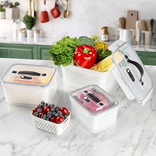 4 PC Large Fresh Fruit Containers for Fridge,Luxear Fridge Container