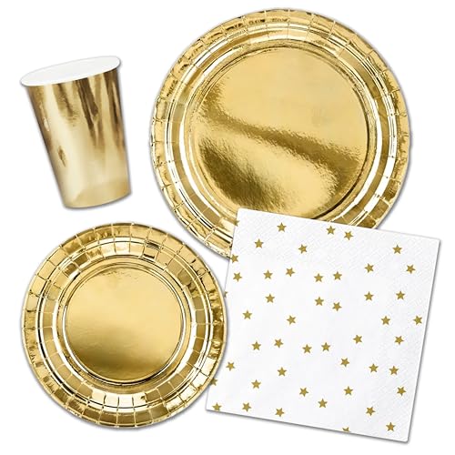 Decoraparty Kit Stoviglie Oro per 6 Invitati, Decorazioni Addobbi Dorate da Tavola Monouso per 6 Persone per Capodanno Natale Celebrazione 6 Piatti Grandi 6 Piatti Piccoli 20 Tovaglioli 6 Bicchieri
