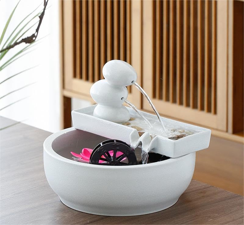 Fuente decorativa de jardín, fuente de agua con cascada, de cerámica, diseño de bambú, con iluminación LED, función humidificadora, bomba de agua, Zen, decoración para salón, oficina, jardín, Blanco