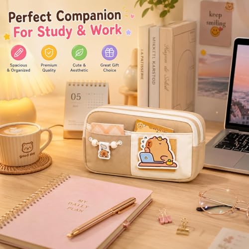 Image of Cute Aesthetic Pencil Case 3 Layer 6 Compartment Large Capacity for Students | Pencil Pouch with Zipper | Cartoon Stationery Organizer Bag for Kids, Pencil Case for Girls & Boys (Brown)