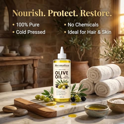 Image of AROMATICO Cold Pressed Olive Oil for Hair Growth & Skin - Olive Hair Oil for Deep Nourishment, Frizz Control & Smooth Shiny Hair | Body Massage Oil | 200ml