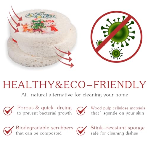 Image of 3 Pcs Biodegradable Wood Pulp Cellulose Compressed Cleaning Sponge Premium Kitchen Dishwashing Sponge Hanging Decorations for Christmas Tree Decorations, Kitchen, Bathroom and Surface Cleaning