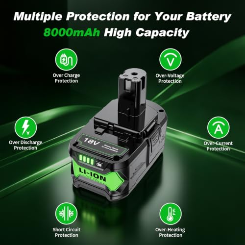 Image of 2-Pack 8.0Ah Replacement for Ryobi 18V Battery and Charger Compatible with Ryobi 18 Volt Lithium Battery Charger P117 and Batteries P108 P102 P103 P104 P105 P107 P109 P122 Cordless Power Tools