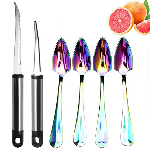 Grapefruit Spoons Knives Utensils Set, 6 Pack Grapefruit Knives Straight Blade Curved Serrated