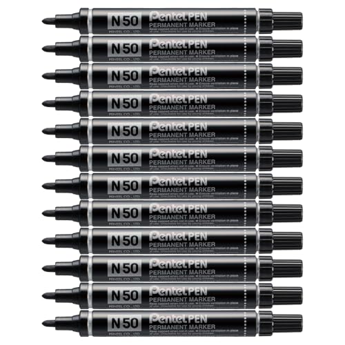 Pentel Pen N50 Lot de 12 Marqueurs permanents pointe conique moyenne, Noir