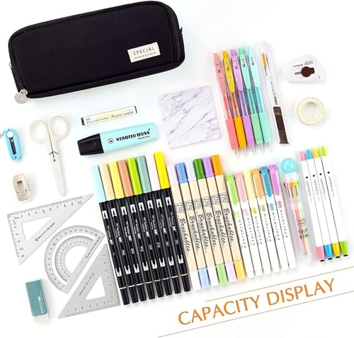 Image of Canvas Pencil Pouch, Large Capacity 3-Compartment Pen Case for Kids
