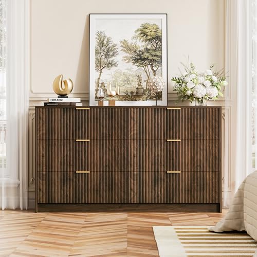 Image of Furniway Walnut Dresser for Bedroom, Modern Dresser with 6 Drawers and Smooth Slides, Wide Chest of Drawers with Golden Handles for Bedroom, Living Room, Closet, 15.7 inch D x 55.1 inch W x 31.4 inch H