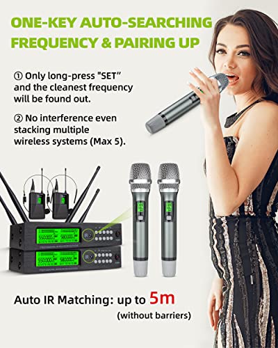 Kimyah Wireless Microphone System, Metal Dual Uhf Cordless Handheld/Bodypack/Headset/Lapel Mic, 200 Channels, 328Ft Range, Auto Ir Pairing, Ideal For Church And Karaoke, Events(Ky-2208) #TOP2