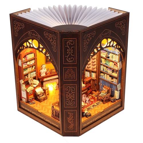 Book Nook Kit for Adults and Teens – DIY 3D Wooden Dollhouse Puzzle with LED Light, Mark Twain’s Library Miniature House Bookshelf Insert Decor
