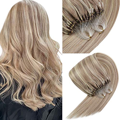 VeSunny 16inch Micro Ring Loop Remy Human Hair Extensions,#18 Dark Ash Blonde Highlighted #613 Bleach Blonde Human Hair Extensions Micro Loop for Woman 50g/pack