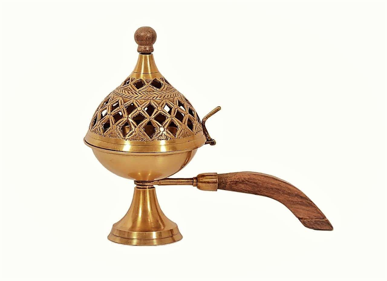 Hastkala Brass Lobandan Dhoop Dani Incense Burner Pooja Sambrani Stand, Bakhoordan, Kapoor Dhuni, Stand for Home, Offices & Temples Purifying with Wooden Handle 6inch