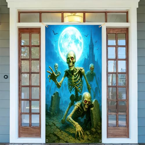 Image of BlissYard Halloween Skeleton Graveyard Door Cover 35x71 Inch Polyester | Entry Banner, Wall Backdrop | Skeleton Graveyard Door Decor, Party Scene | Porch, Hallway, Photos (Haunted House)