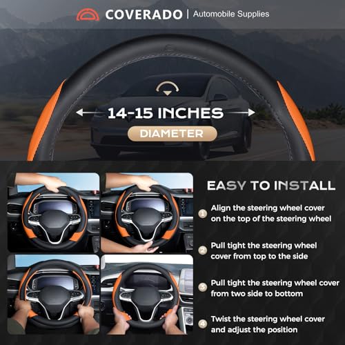 Image of Coverado Car Steering Wheel Cover, Nappa Leather Black & Orange Steering Wheel Covers for Women, Universal 14-15 inch, Anti-Slip, Breathable Steering Wheel Protector