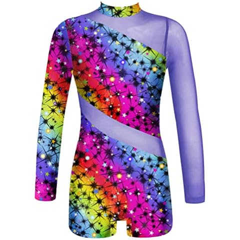 dPois Kids Girls One Piece Print Mesh Splice Ballet Dance Jumpsuit Bodysuit for Rumba Stage Performance Starry Rainbow 7-8 Years Cover