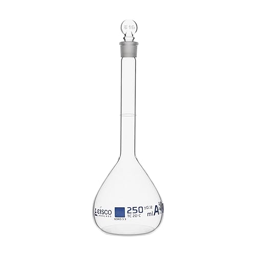 EISCO Frasco volumétrico, 8.5 fl oz - Clase A, ASTM - Tolerancia ±0.4.1 fl oz - Tapón de vidrio - Individual, graduación azul