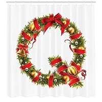 ABAKUHAUS Christmas Alphabet Shower Curtain, Q Letter Art, Cloth Fabric Bathroom Decor Set with Hooks, 94 Inches, Pearl and Olive Green