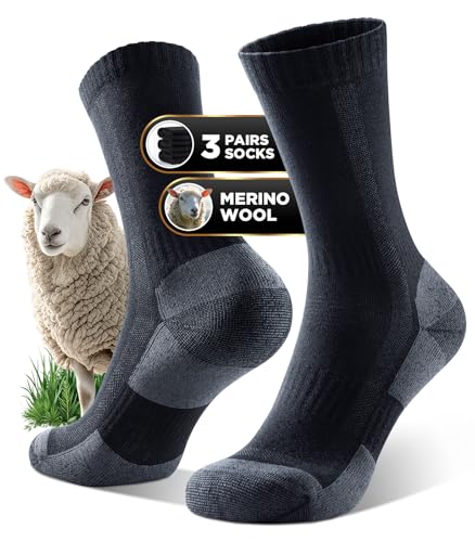 PULIOU Merino Wool Hiking Socks for Men & Women, 3 Pairs Cushioned Moisture Wicking Crew Boot Socks for Work & Outdoors