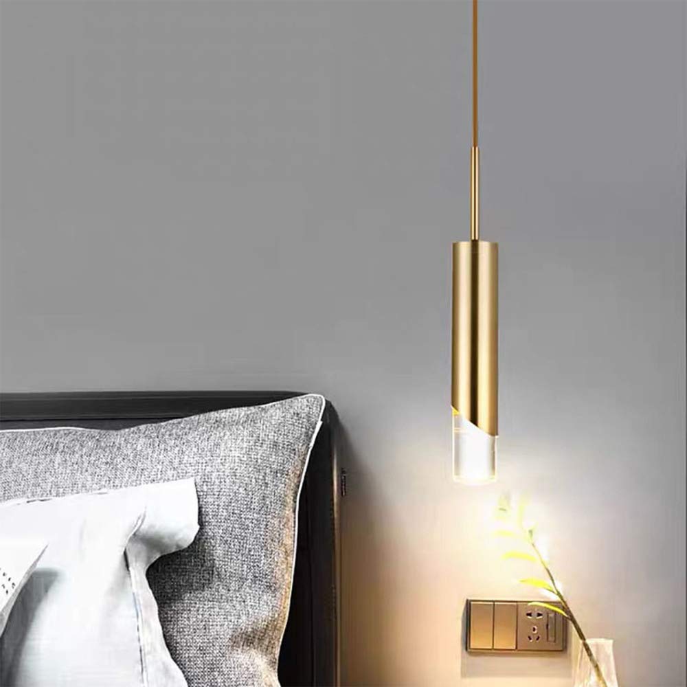 AIRUI Long Tube LED Pendant Light, Nordic Modern Ceiling Lighting Cylindrical Adjustable Height Hanging Lamp For Bedroom Dining Room Kitchen,Gold+Warm White-Single Head+5W