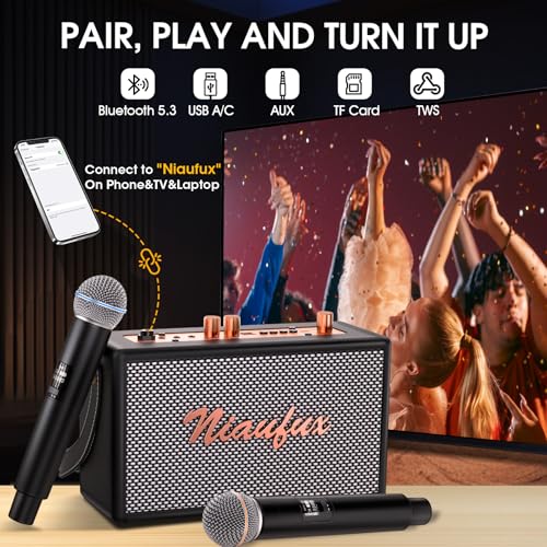 Image of Karaoke Machine, Retro-Design Speaker with 2 Wireless Microphones for Adults & Kids, Portable Karaoke System for Home Party, Bluetooth /AUX /USB /TF /TWS Support, Gifts for Women & Girls